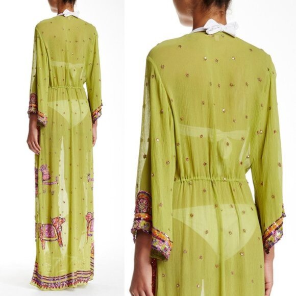 Calypso St. Barth silk Zakia beaded tunic caftan maxi dress kimono ethnic S - Picture 2 of 10
